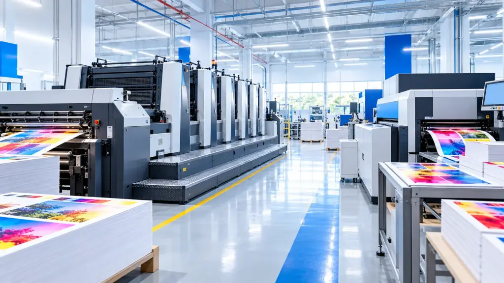 Máy in offset công nghiệp và máy in kỹ thuật số hiện đại trong xưởng in