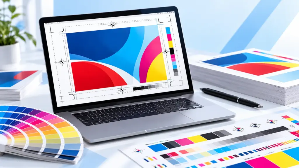 Màn hình thiết kế file in với hệ màu CMYK, đường tràn lề và dấu cắt