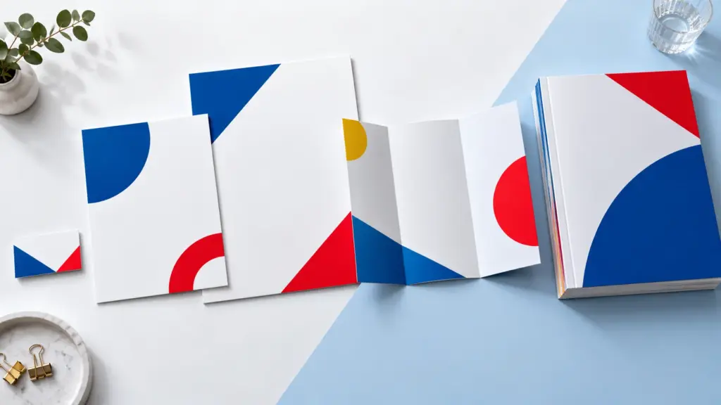 Các ấn phẩm in với kích thước khác nhau: card visit, tờ rơi, brochure, catalogue
