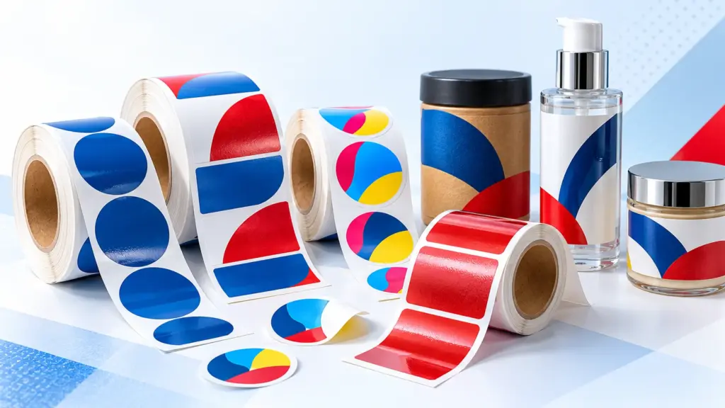 Các cuộn tem nhãn decal giấy và decal nhựa nhiều màu dùng cho dán sản phẩm