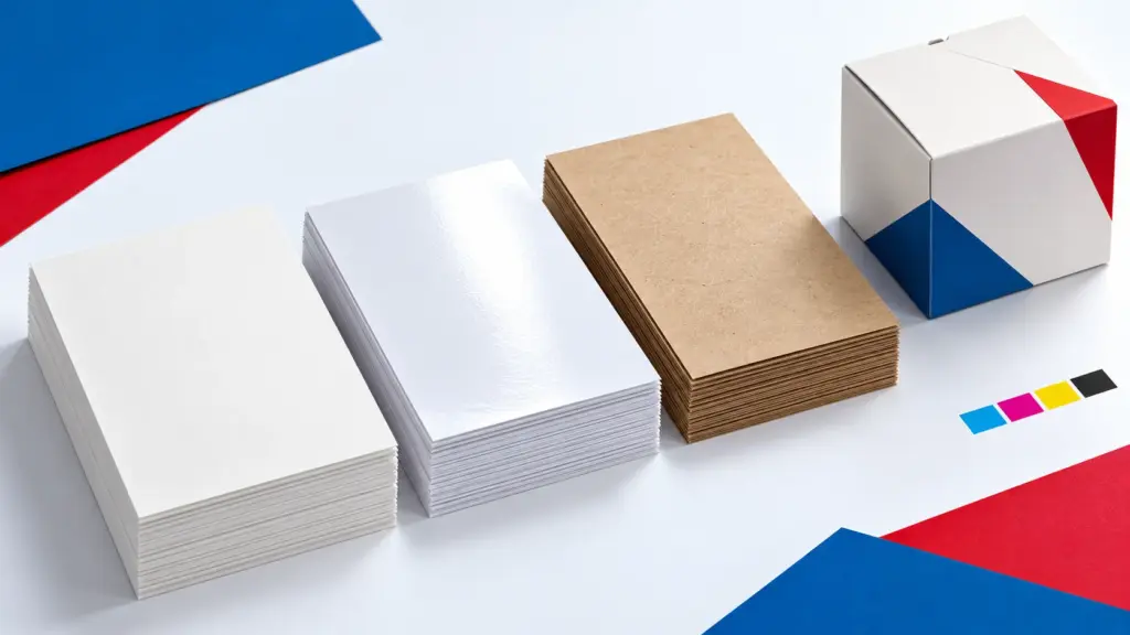 So sánh ba loại giấy làm hộp: Ivory, Couche và Kraft bên cạnh hộp giấy thành phẩm