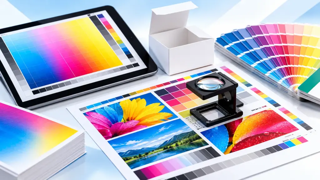 Bàn làm việc chuẩn bị file in: bảng màu CMYK, bản in thử, kính soi và mẫu hộp giấy